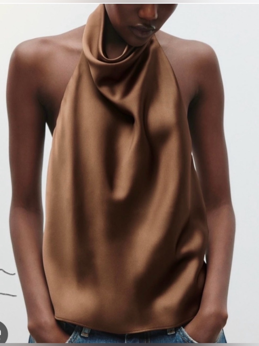 ZARA Brown Satin Halter Top Size L Sleeveless High Neck - Picture 2 of 5